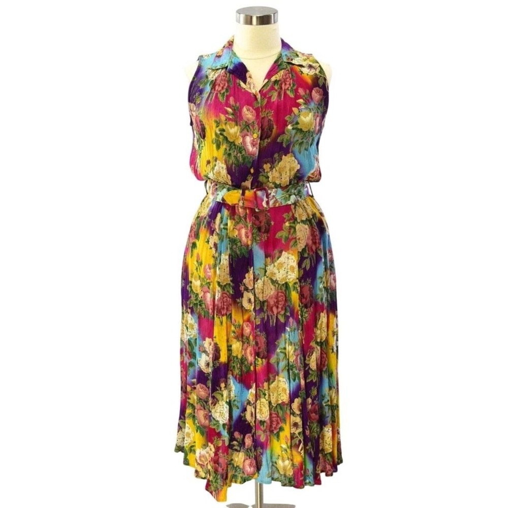 90s Vintage Floral Print Sleeveless Midi Dress Womens 14 L Boho Shirt Romantic